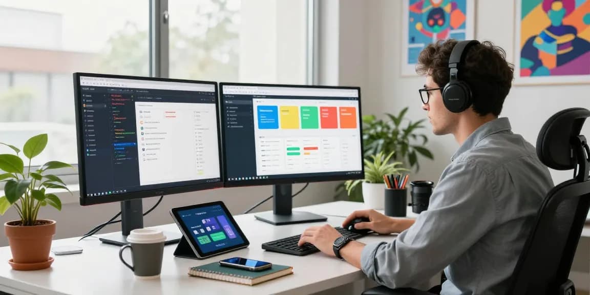 Developer engaging in WPS Download in a modern workspace with tech gadgets, enhancing productivity.