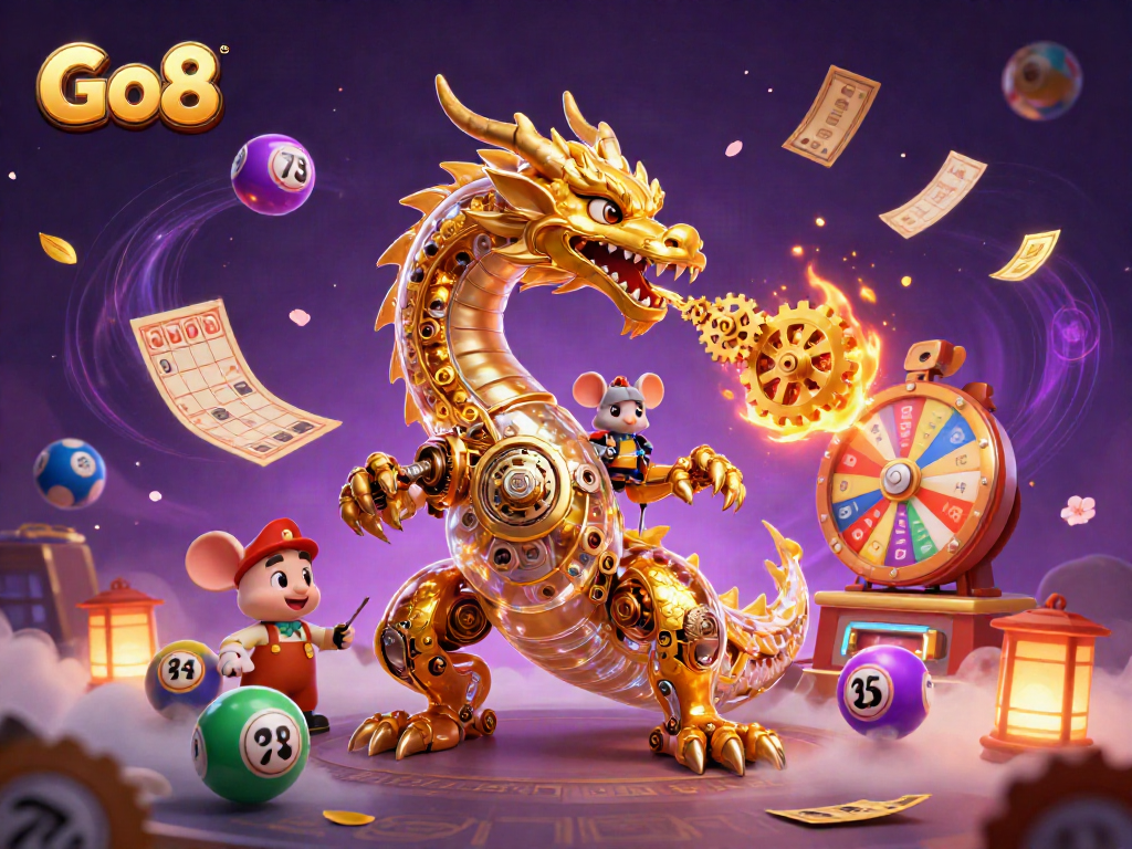 Experience the excitement of Go8 with a golden dragon and dynamic gambling elements, showcasing vibrant lottery balls and gaming thrills.