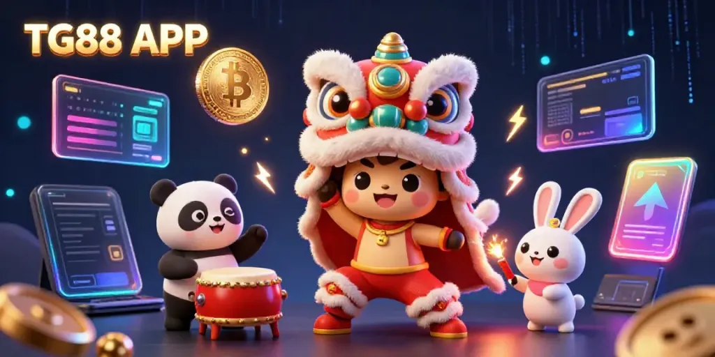 Experience excitement with TG88 APP featuring a vibrant 3D lion dance and cryptocurrency elements.