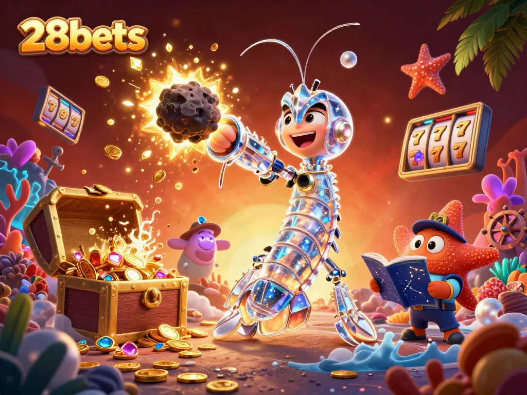 28bets showcases thrilling wins with samurai mantis shrimp in a vibrant casino-themed underwater scene.