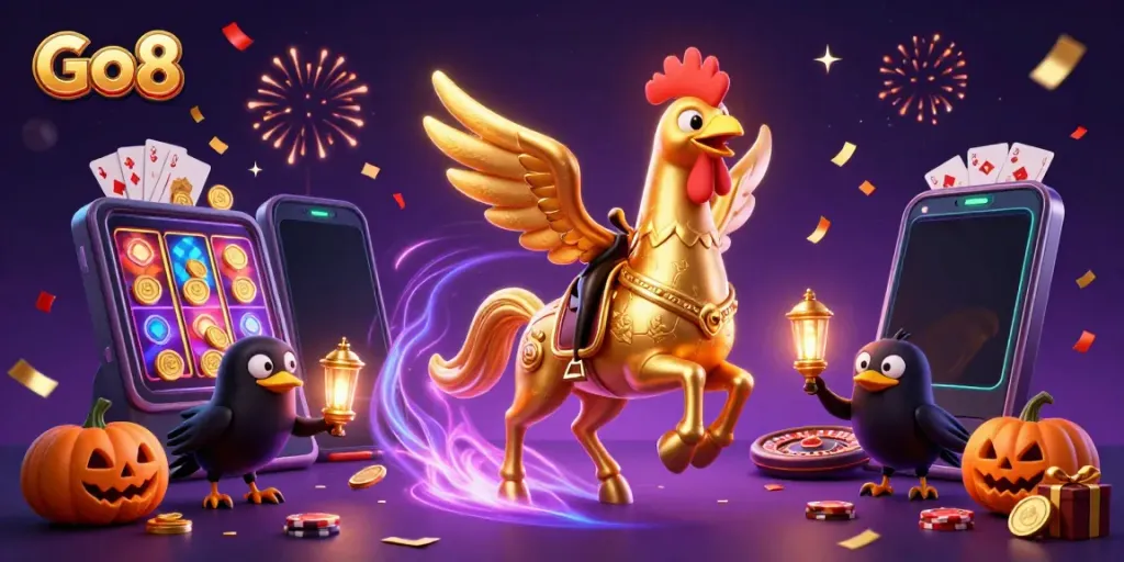 Go8 casino scene with a golden rooster and glowing head in a midnight setting, featuring slots and vibrant game elements.