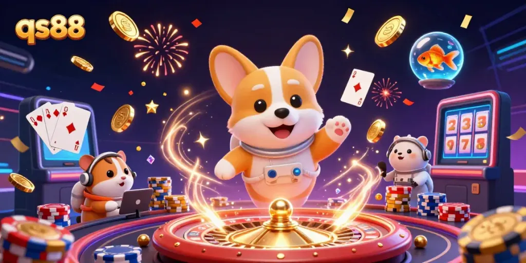 qs88 celebrates with a 3D floating astronaut corgi surrounded by casino excitement and golden possibilities