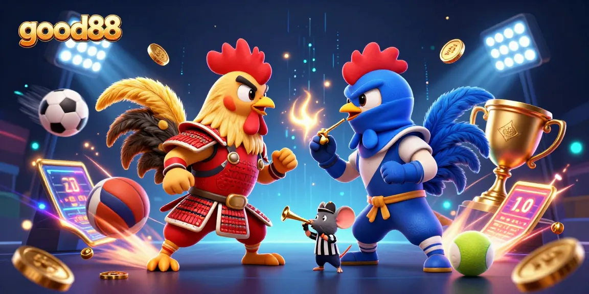 Experience thrilling encounters at good88, featuring cartoon fighting roosters in a dynamic casino showdown.