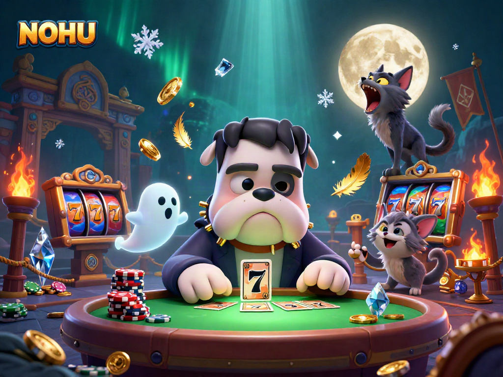 Experience thrilling NOHU gameplay with a lively scene of cartoon characters engaging in exciting casino action.