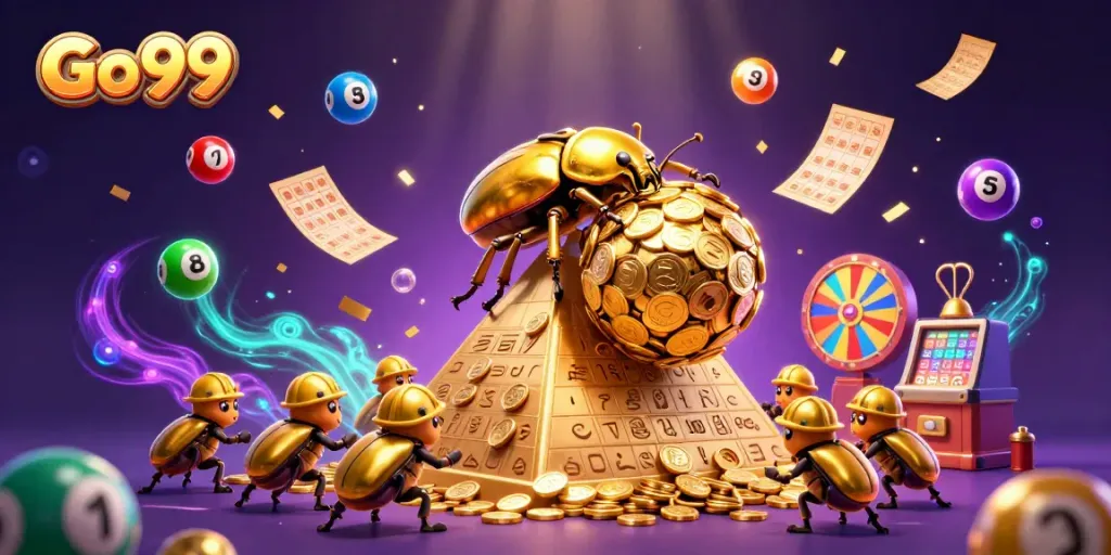 Unleash excitement with Go 99's golden beetle amidst swirling lottery balls and vibrant casino elements!