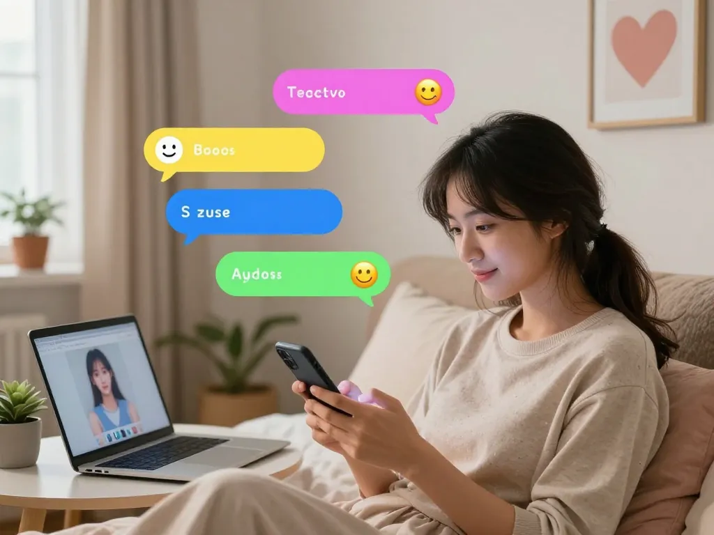 Engaging in sexting AI conversations in a cozy bedroom, surrounded by playful digital chat bubbles and emojis.
