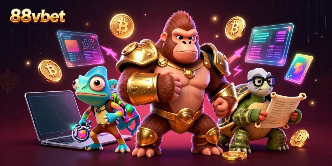 Engage with 88vbet's vibrant 3D scene of gambling strategy featuring characters and crypto elements.