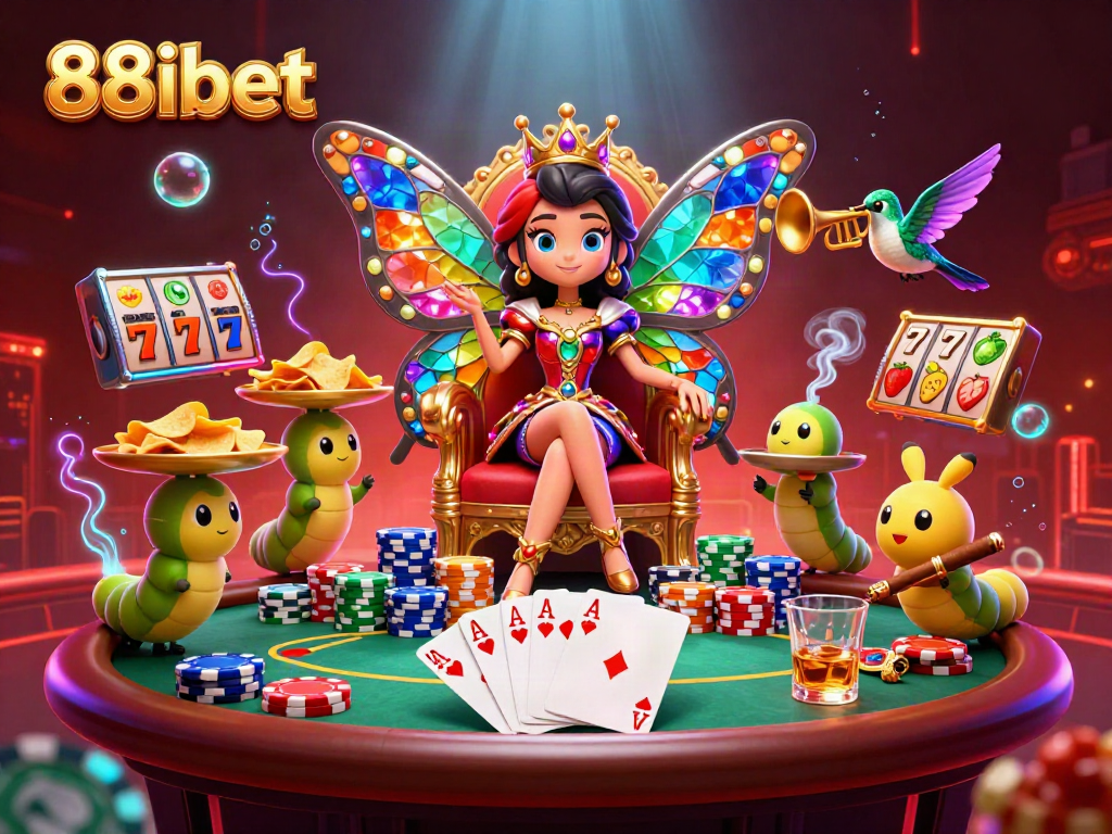 88ibet showcases a dynamic casino scene with a butterfly queen and vibrant gaming elements.