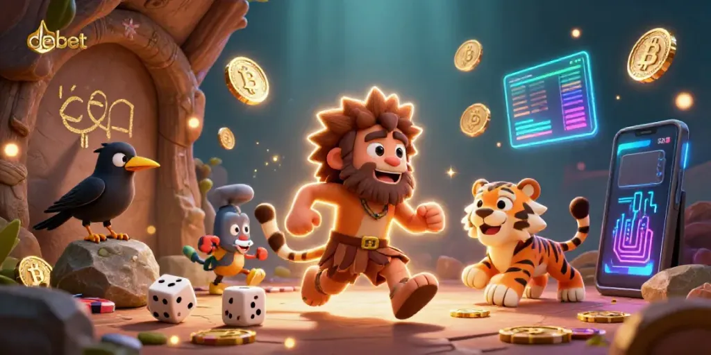 Experience thrilling gameplay at debet with a vibrant 3D cartoon casino scene featuring unique stone poker chips and crypto coins.