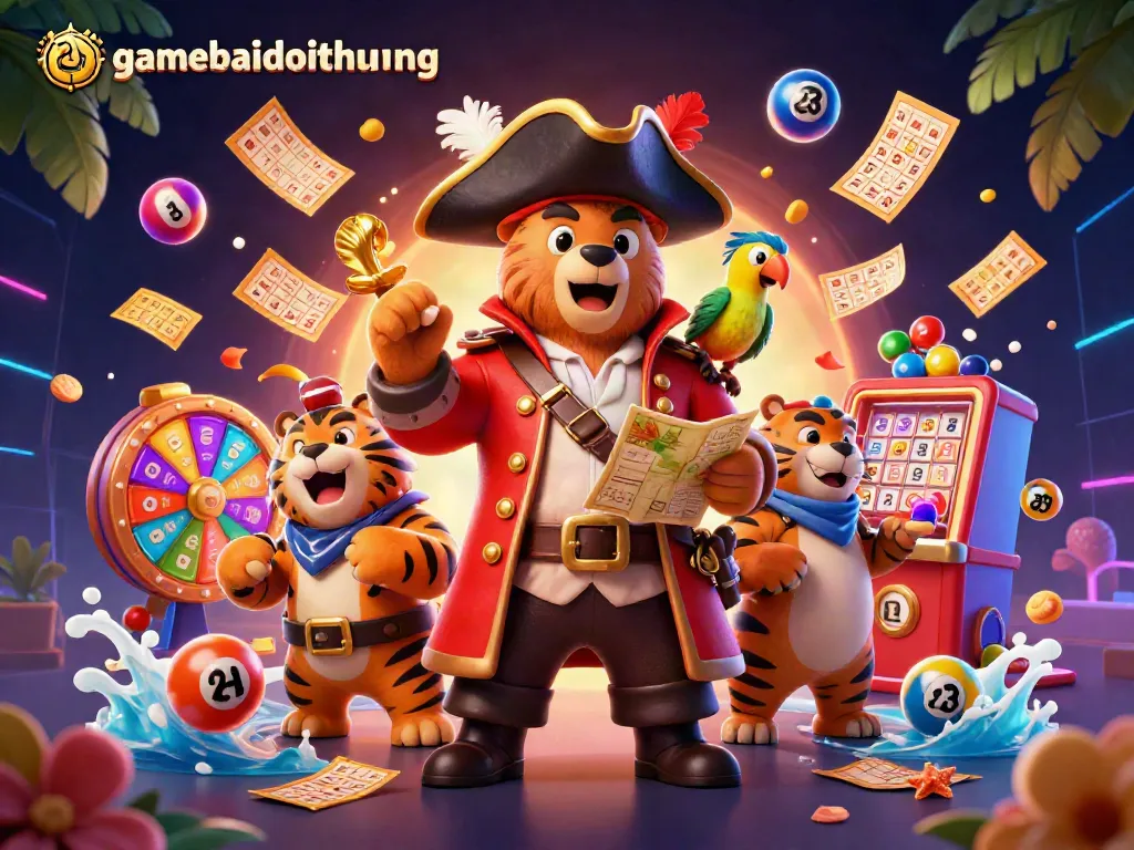 Engage in gaming excitement with gamebaidoithuong as vibrant lottery balls surround a pirate bear and tiger.