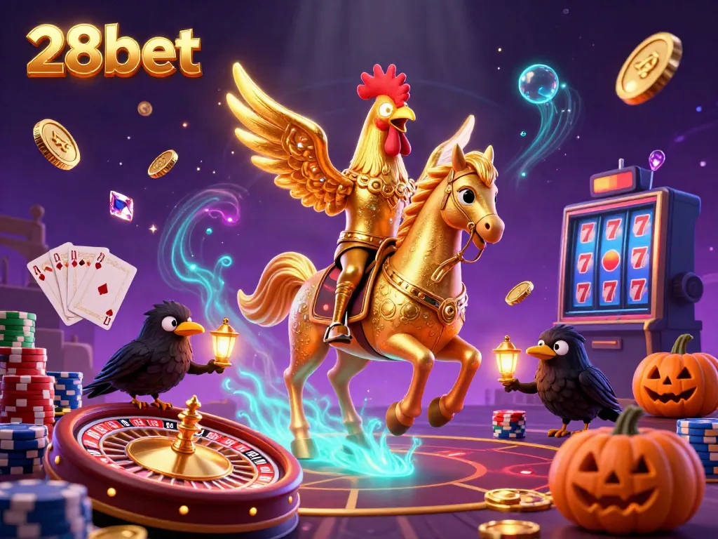 Experience the thrill of 28bet with a golden rooster, roaring excitement in a dazzling casino.
