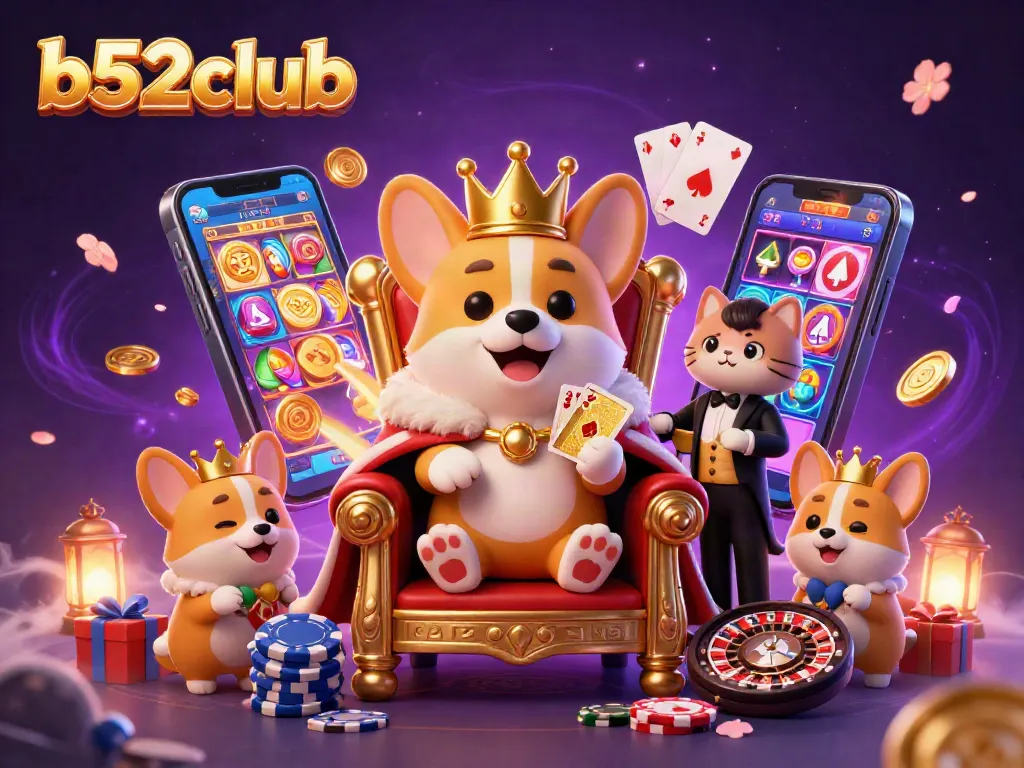 Experience the excitement of b52club with a royal corgi and cat butler in a dynamic casino scene.