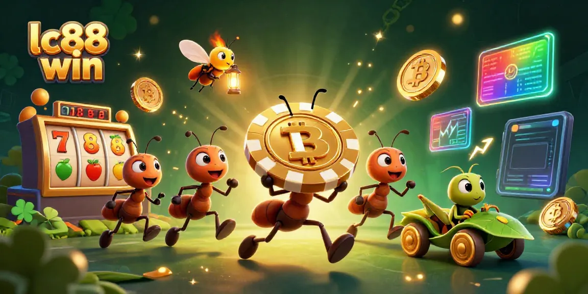 Experience the thrill with lc88 win as ants execute a heist for a giant poker chip surrounded by casino elements.