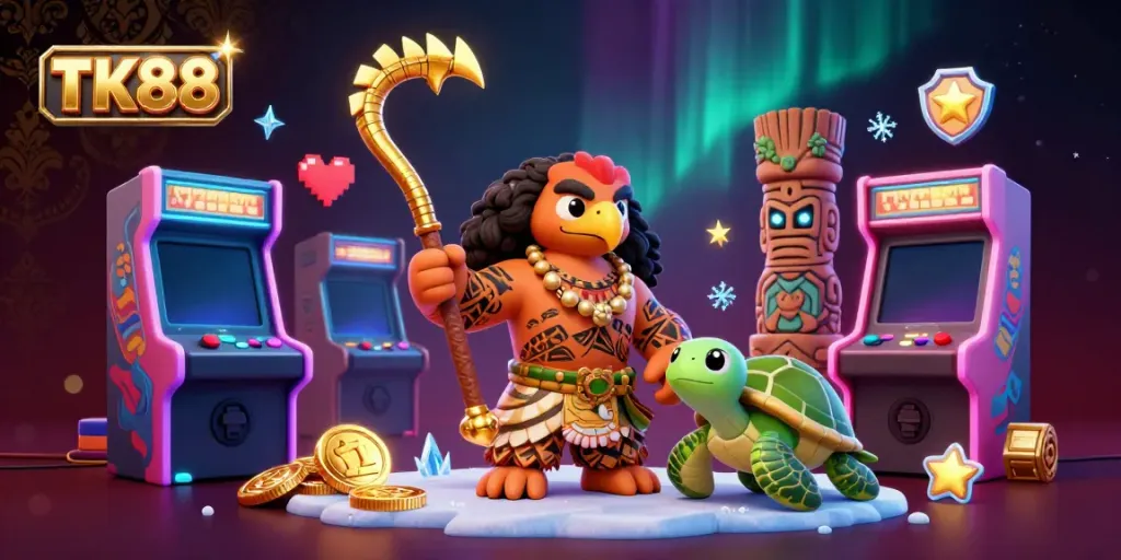 Experience TK88's exciting world of gaming with a Polynesian demigod and turtle in a vibrant casino atmosphere.