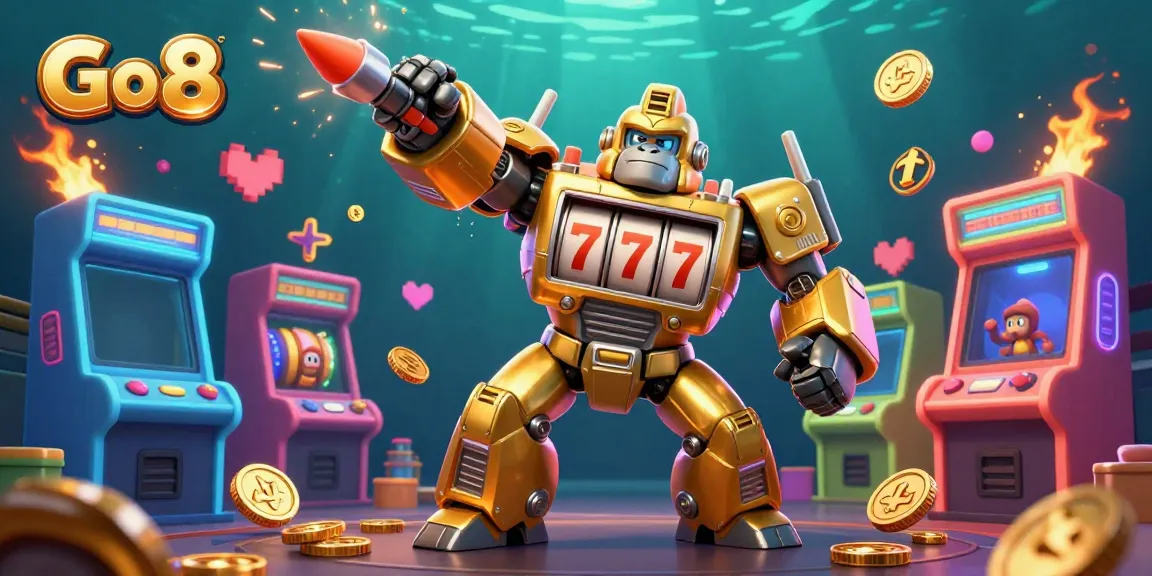 Experience thrilling gaming action with Go 8's golden gorilla mech surrounded by vibrant casino elements.