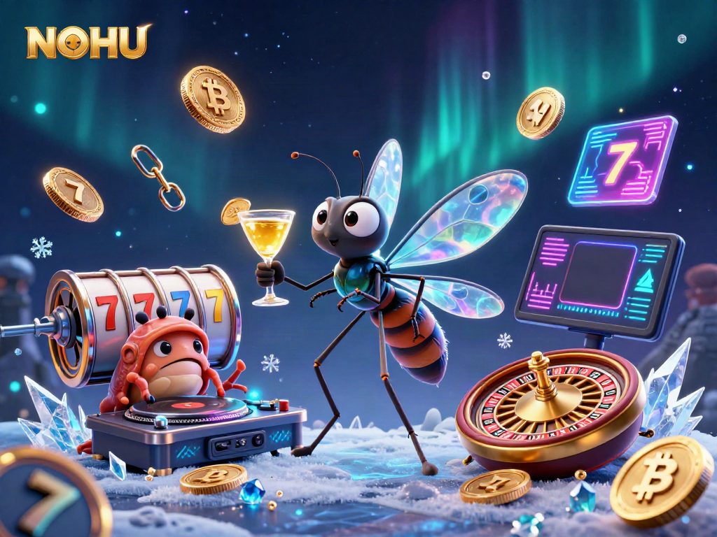 Experience the thrill of NOHU's casino with a vibrant 3D scene featuring unique characters and dynamic gaming elements.