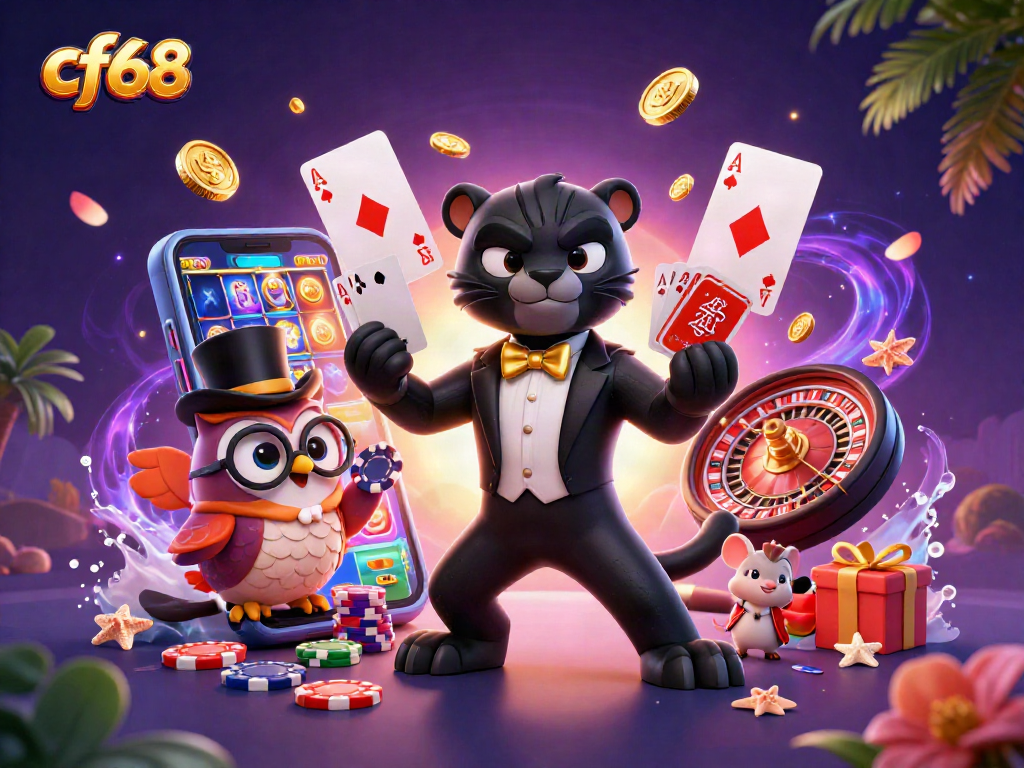 Engage in thrilling gameplay with cf68, featuring a panther dealer, owl and mouse, in a vibrant casino scene.