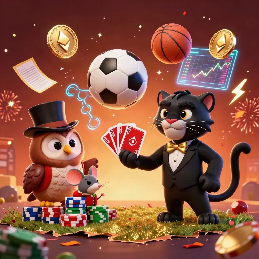 Pantern, ugglan och musen i lyxig casinoaction med sportbollar, mynt och ljuseffekter.