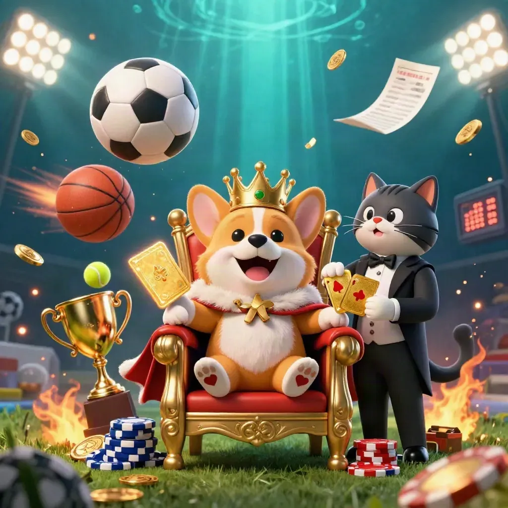 Kunglig corgi och kattbutler på pokertorn, bollar och guld i dramatisk casinobelysning