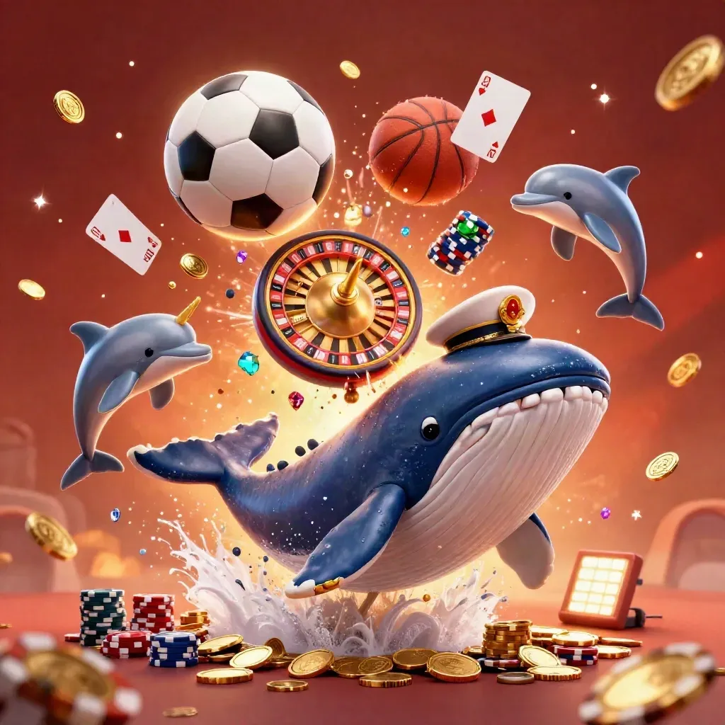 Jätteval, narval och delfiner i neoncasino med coins, roulettehjul, kort, chips och sportbollar.