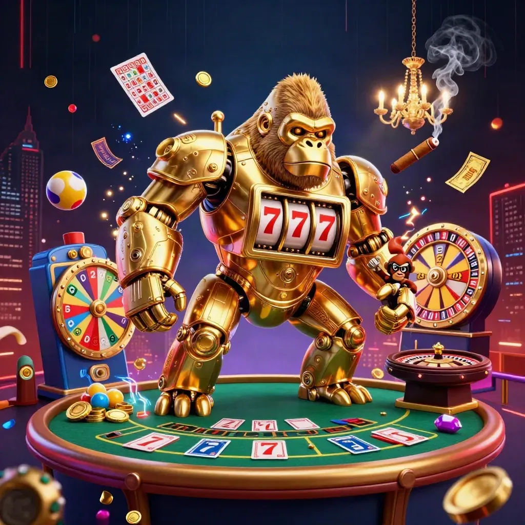 Gyllene slot-gorilla och liten apa i neoncasino med roulette, bingo och ljuseffekter.