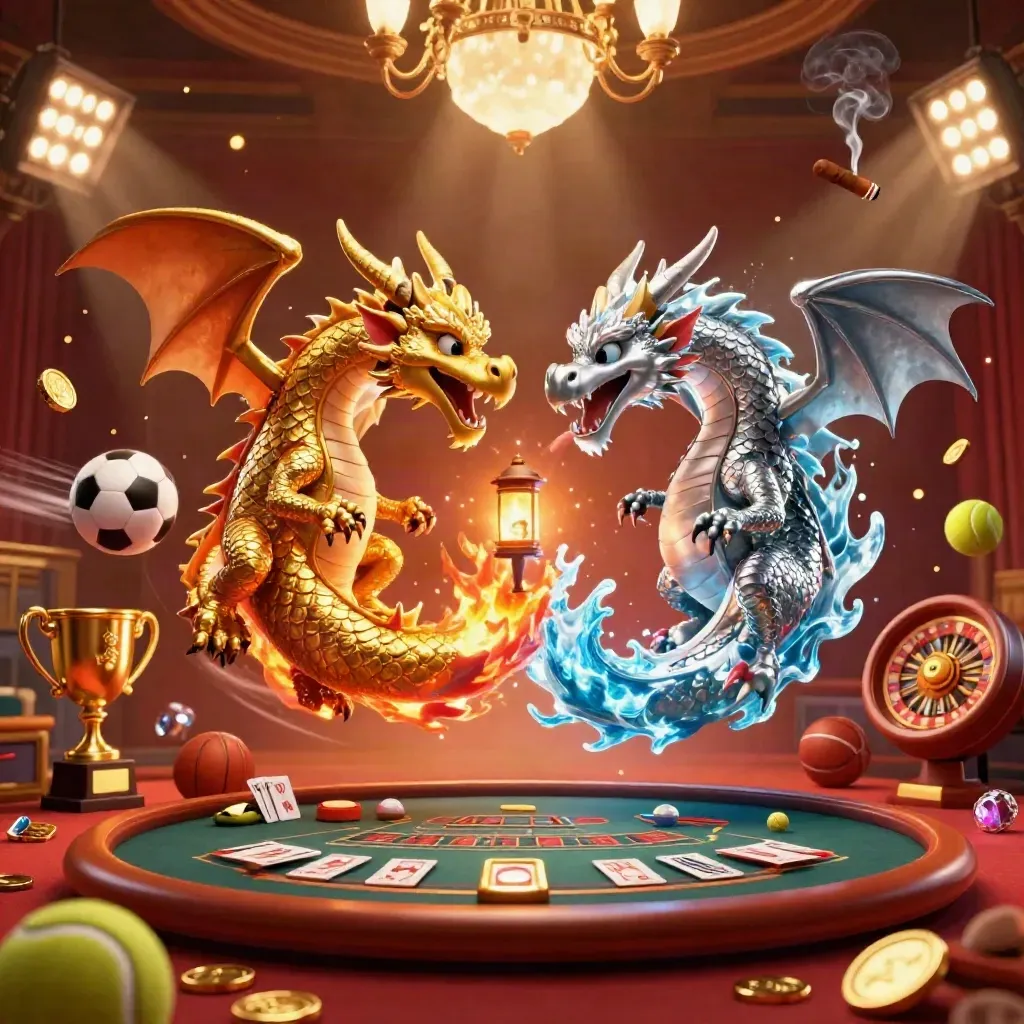 Två gyllene och silverdrakar svävar över ett lyxigt casino med glödande ljus och spelbord.