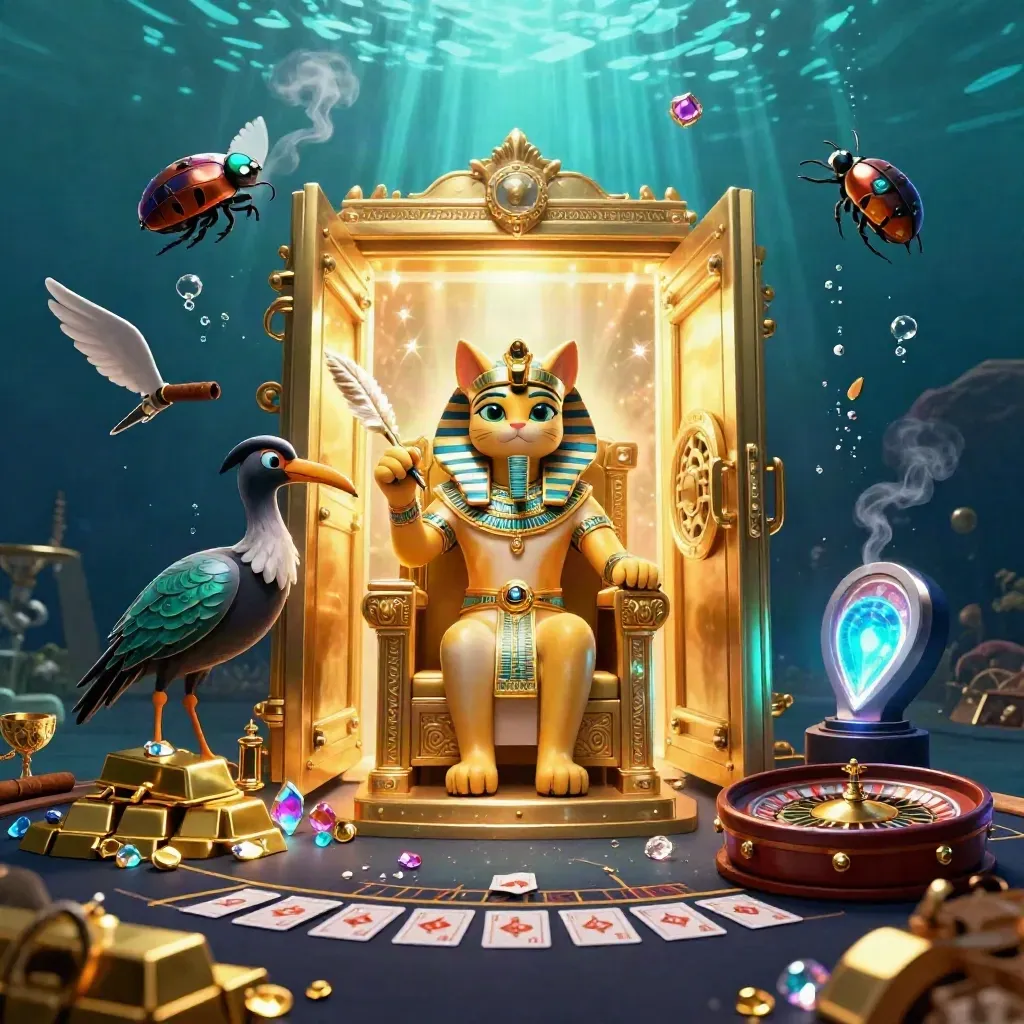 Guldfärgad pharaokatt på tron, ibis och skalbaggar bland skatt, neonljus och undervattensglöd.