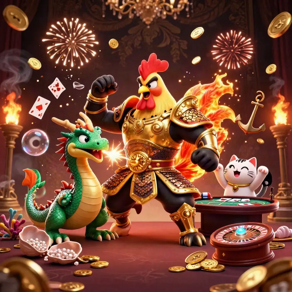 Tre figurer i gyllene casinofest med myntregn, hjul och undervattensskatter i mörk lyx.