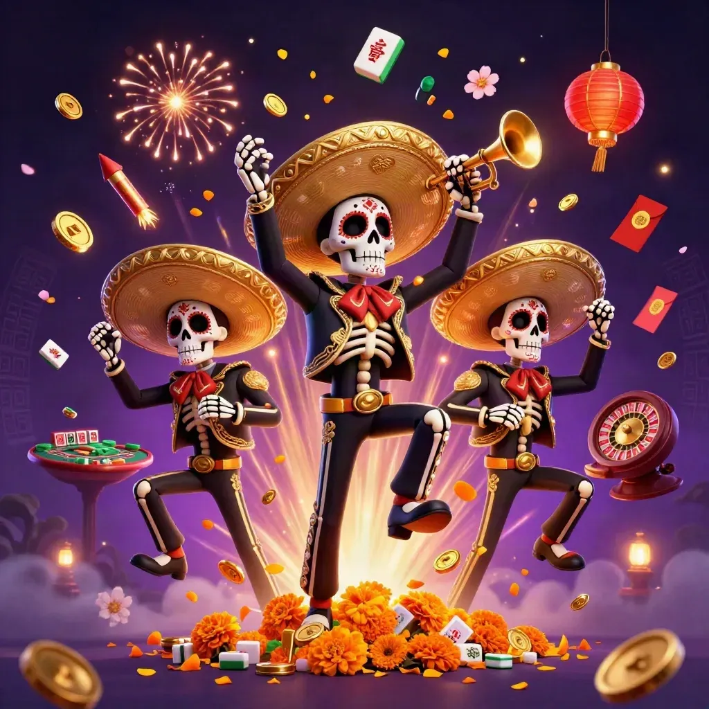 Tre skelettmariachi firar bland mynt, lyktor, fyrverkerier och neoncasinoeffekter.