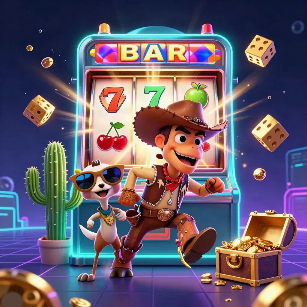 En cowboy-T-rex, kaktus och fågel bland slot, guld och neon i mörk nattlig stil.