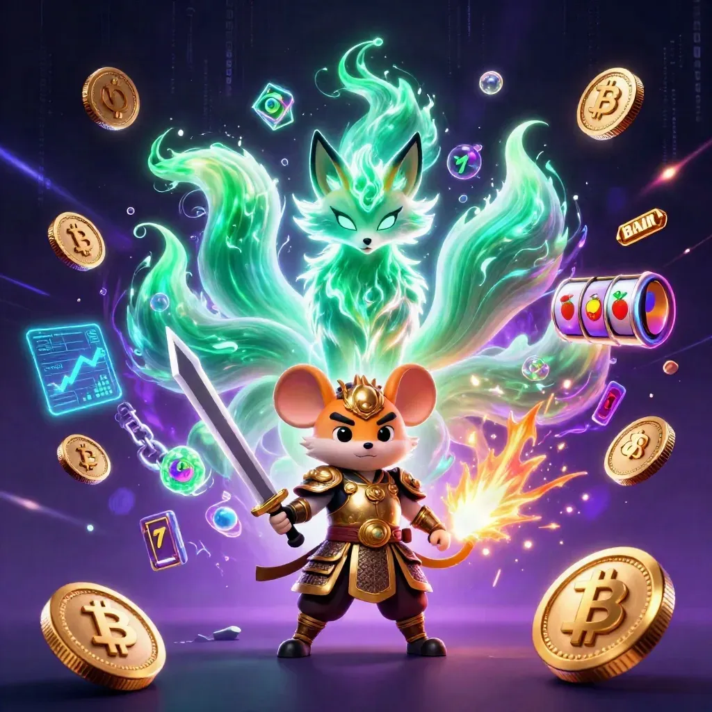 Rävanda med samurajmus, neonmynt och magisk casinoenergi mot mörk lila bakgrund