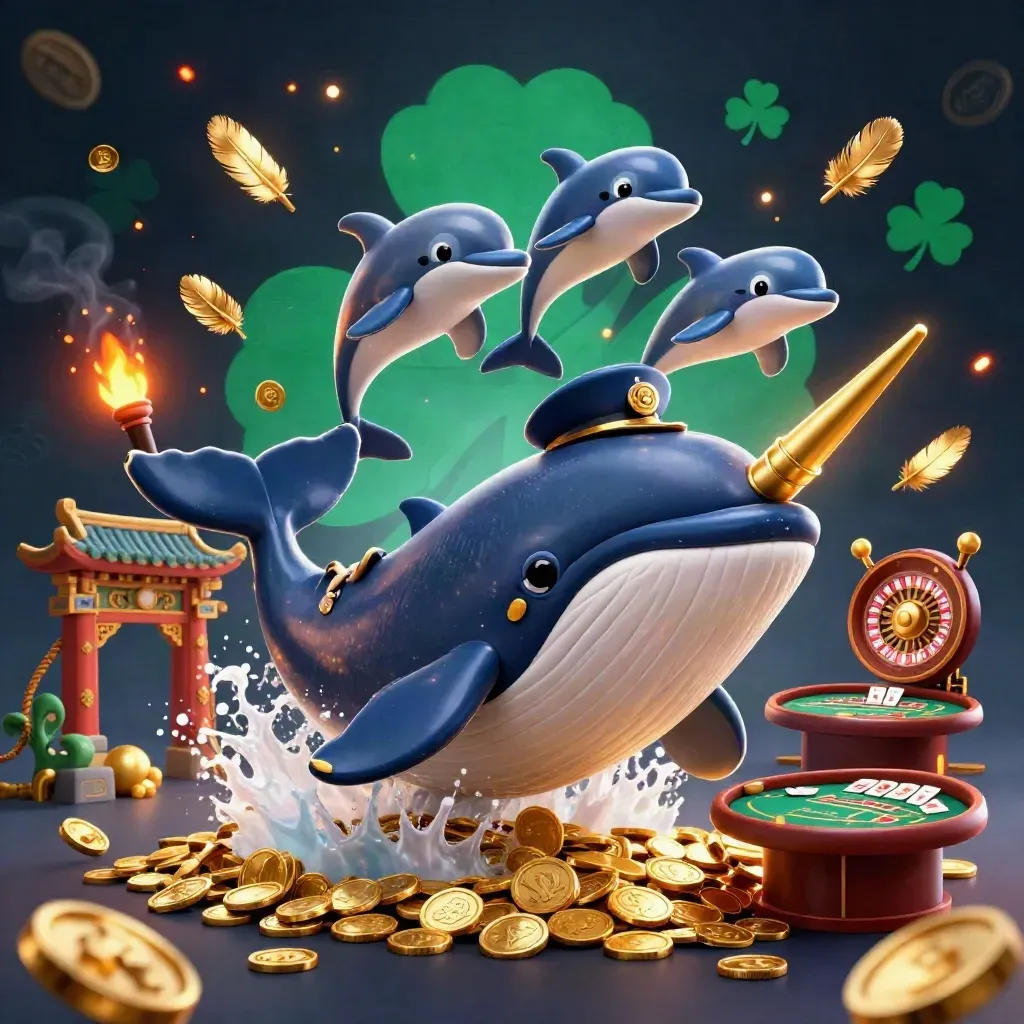 En stor tecknad valkapten, narval och delfiner bland guldmynt, neonljus och casinoeffekter.