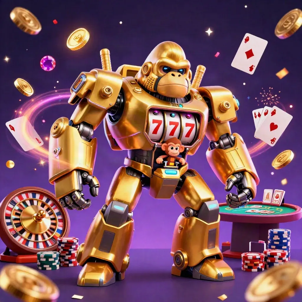 Gyllene gorillamek med liten apa, mynt, roulettehjul och neon i mörk casinostil