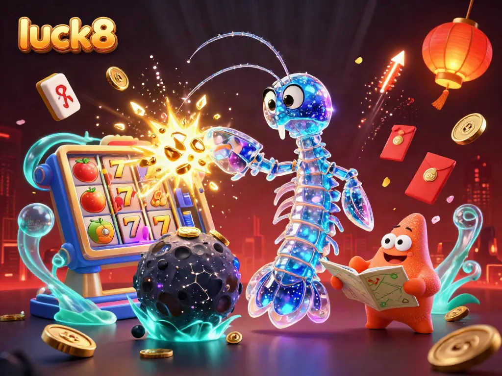 Engage in thrilling gameplay at luck8 with a vibrant casino scene featuring colorful slot reels and dynamic characters.