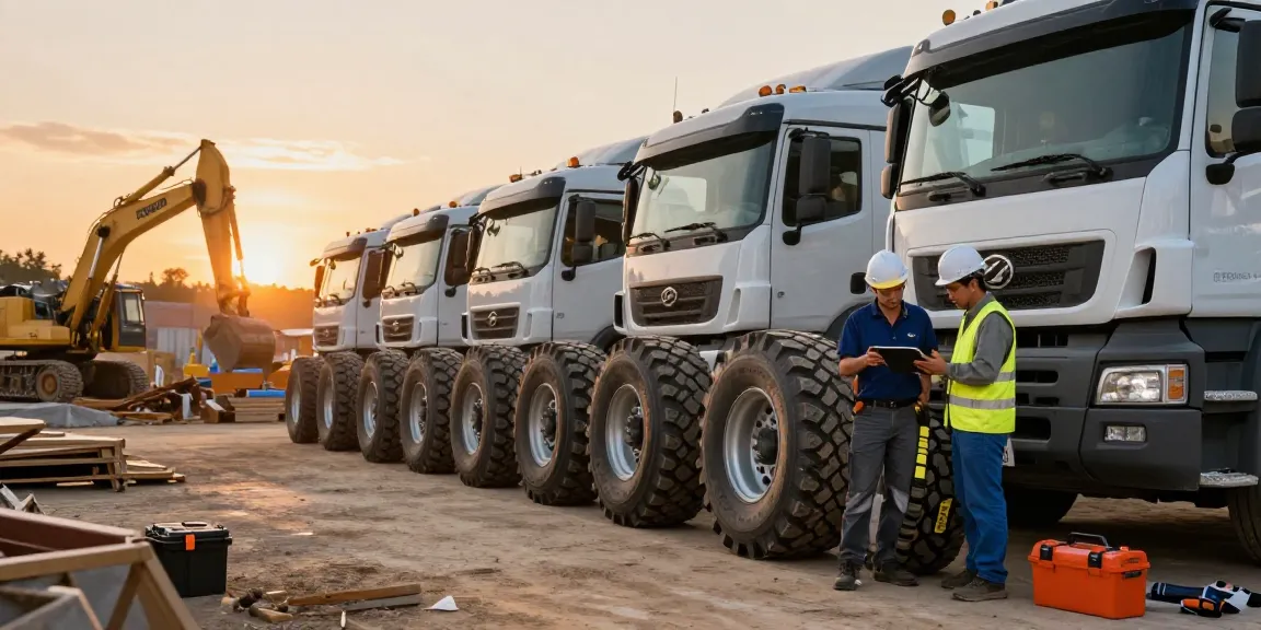 Team inspecting Double Coin RR99 tires on trucks at a construction site during sunset, showcasing performance and teamwork.