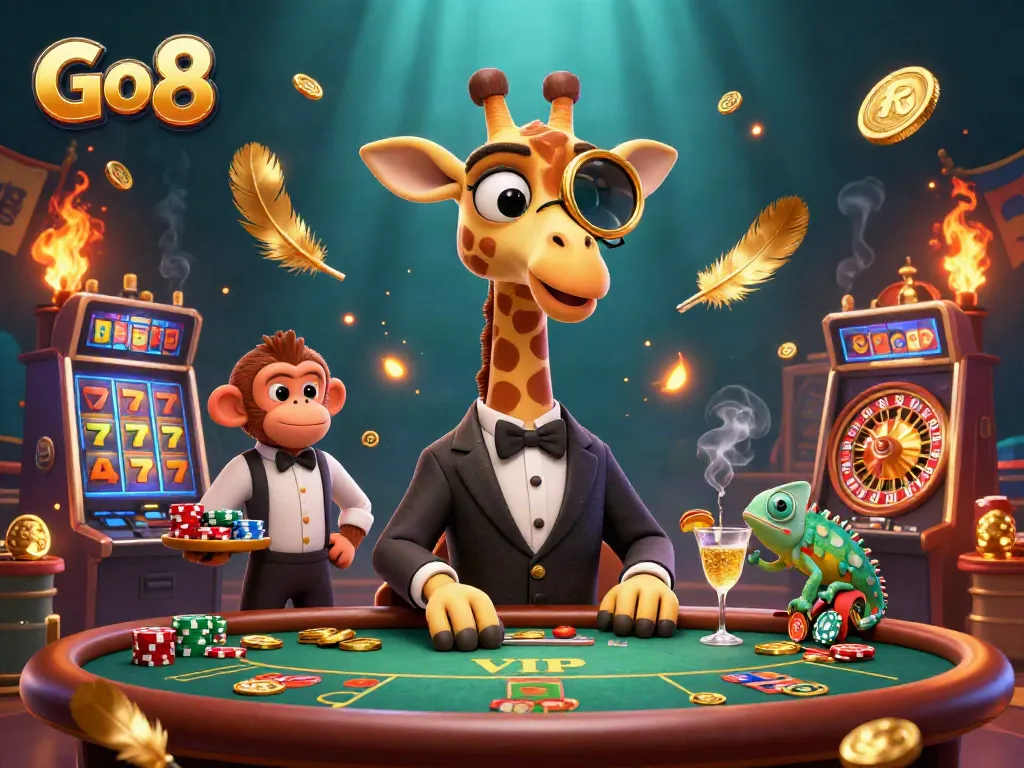 Experience the excitement of Go 8 with a high-roller giraffe, dynamic gameplay, and rich casino elements.