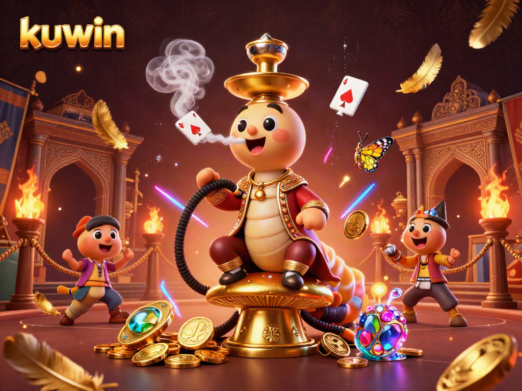 Kuwin casino features an enormous caterpillar hookah master amidst poker hand symbols and glowing gold coins.