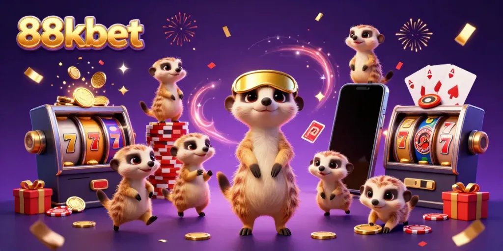 Experience casino excitement with 88kbet's dynamic meerkat characters managing a vibrant gaming scene.