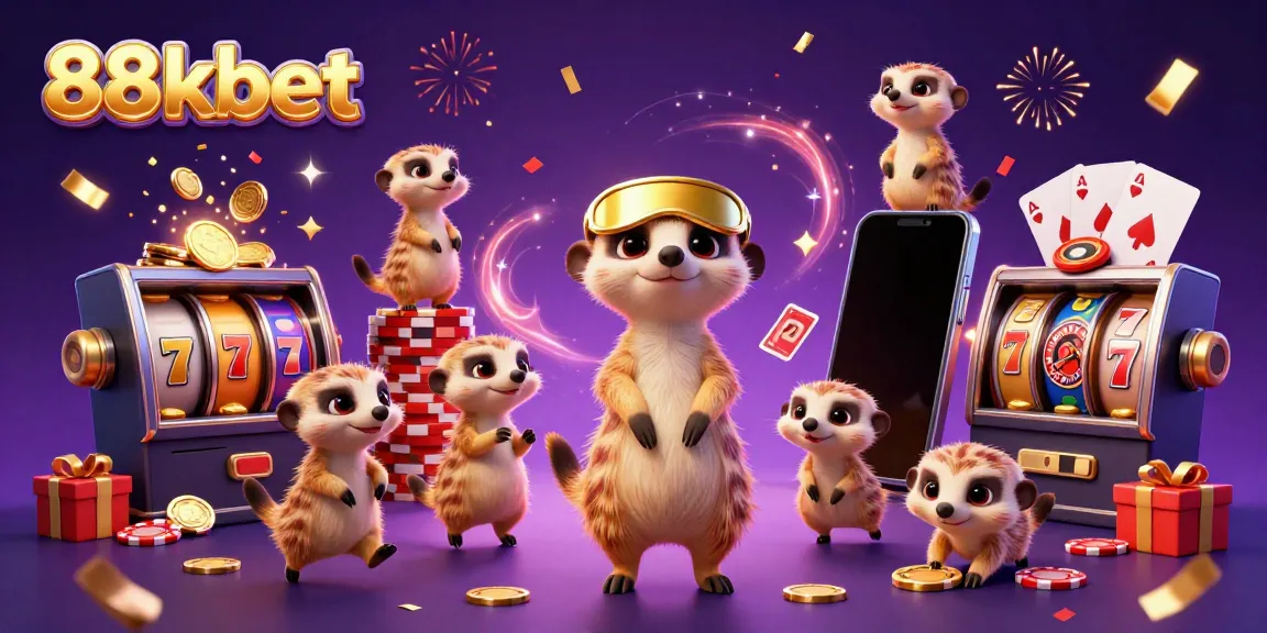 Experience casino excitement with 88kbet's dynamic meerkat characters managing a vibrant gaming scene.