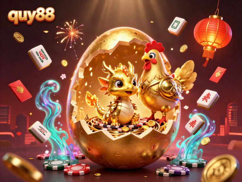 Engage with the golden world of quy88, featuring a baby dragon and poker chips in a vibrant casino scene.