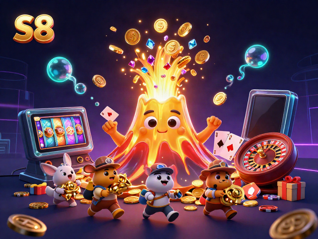 Experience the thrilling S8 casino scene featuring golden volcano riches and slot game excitement.