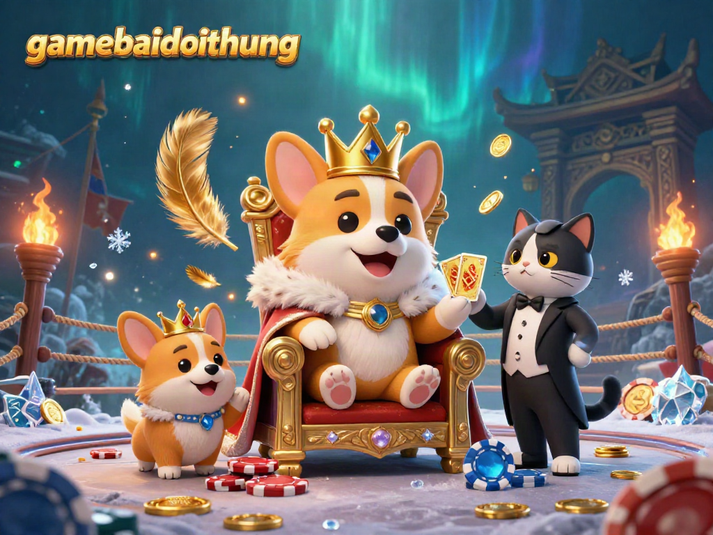 Engage in excitement with gamebaidoithuong as a royal corgi and a cat butler present golden rewards amid swirling feathers.