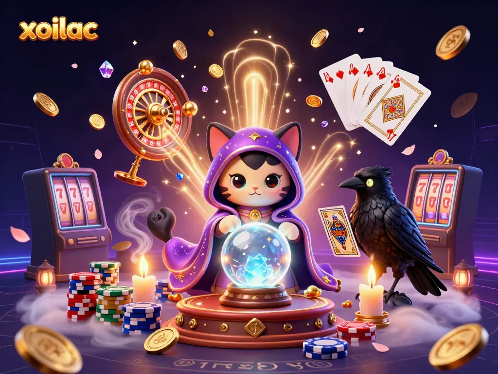 Xoilac online casino scene with a mystical theme featuring a fortune teller cat and a tarot raven.