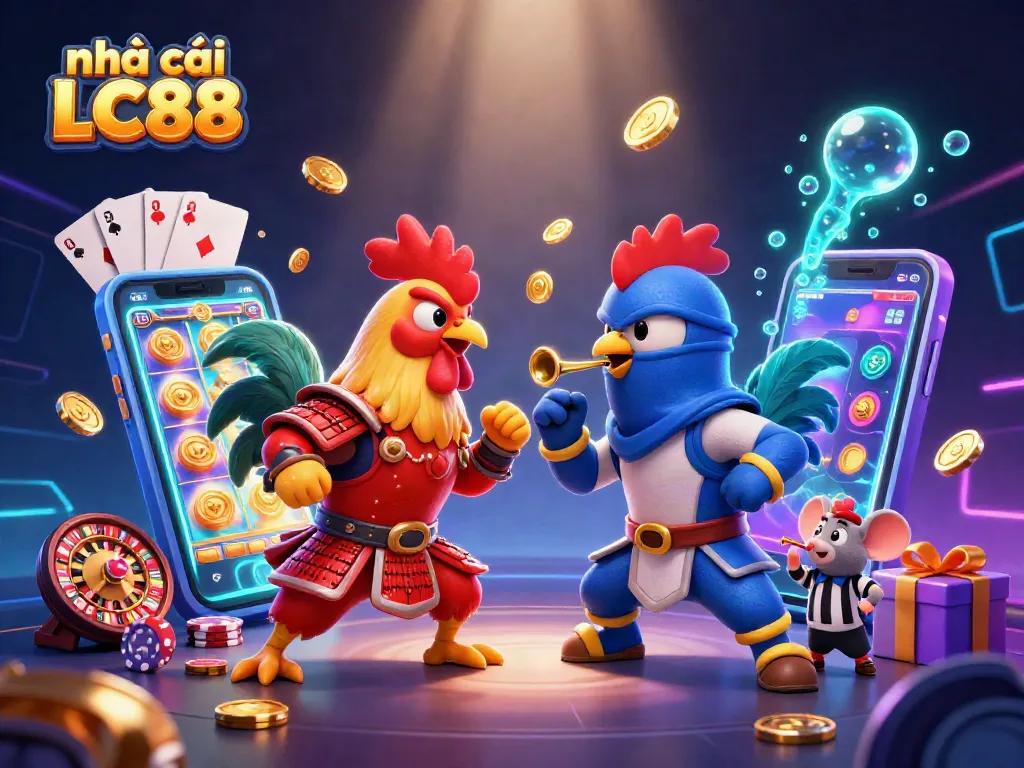 Experience exciting gameplay at nhà cái LC88 with colorful slot games and dynamic rooster standoff.