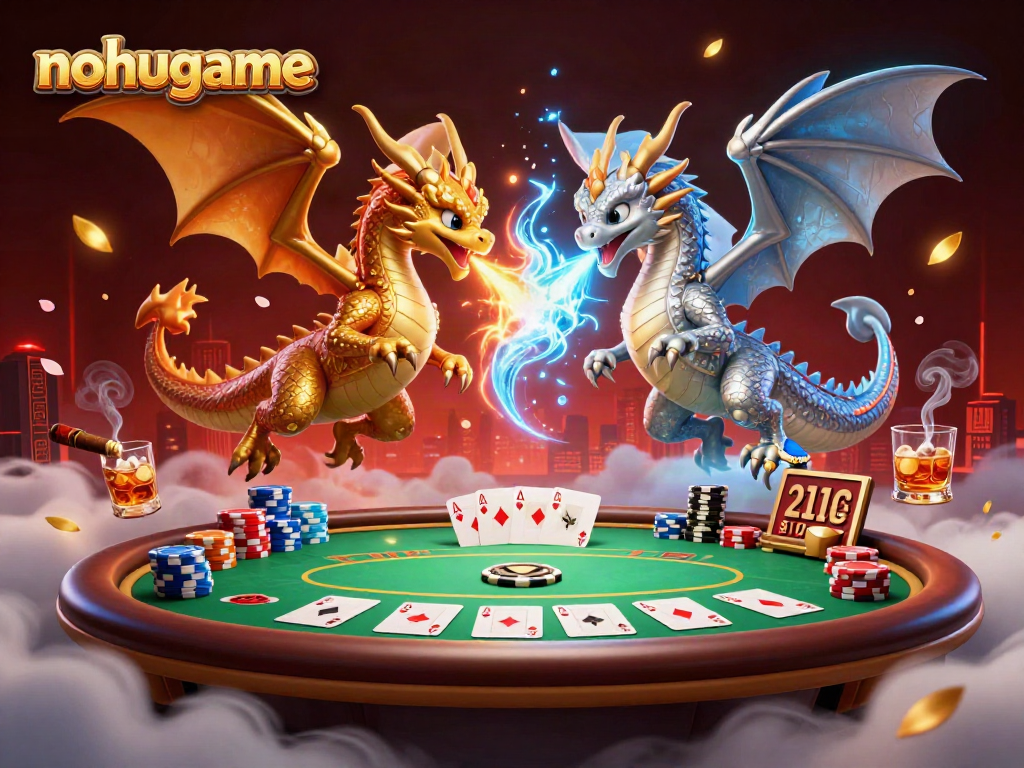 Engage with the exciting world of nohugame featuring cartoon dragons and poker elements in a vibrant 3D illustration.