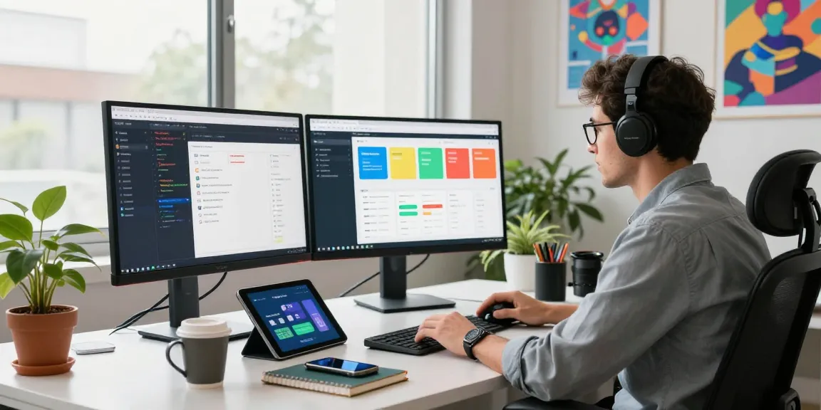Developer engaging in WPS Download in a modern workspace with tech gadgets, enhancing productivity.