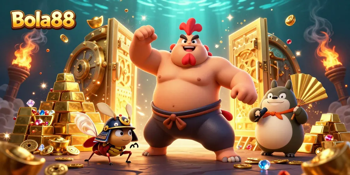 Bola88 engages players with a vibrant scene of a powerful sumo rooster and samurai cricket in a rich treasure-filled casino