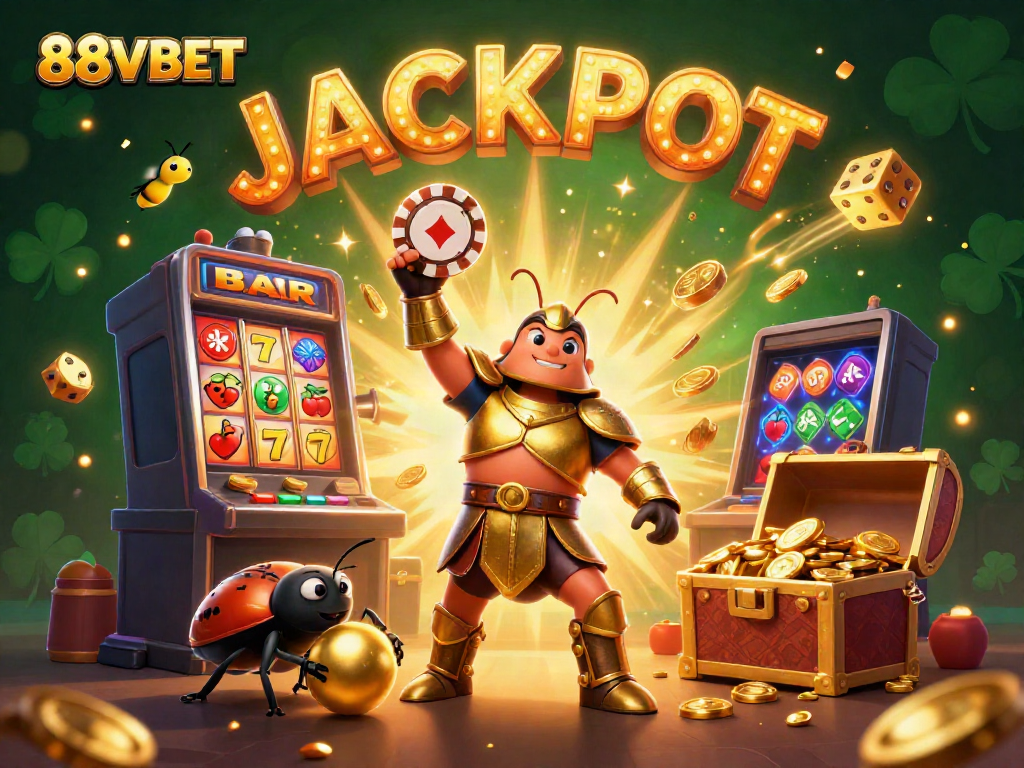 Experience the thrill with 88VBET - a dynamic casino representation featuring a victorious beetle and vibrant games.