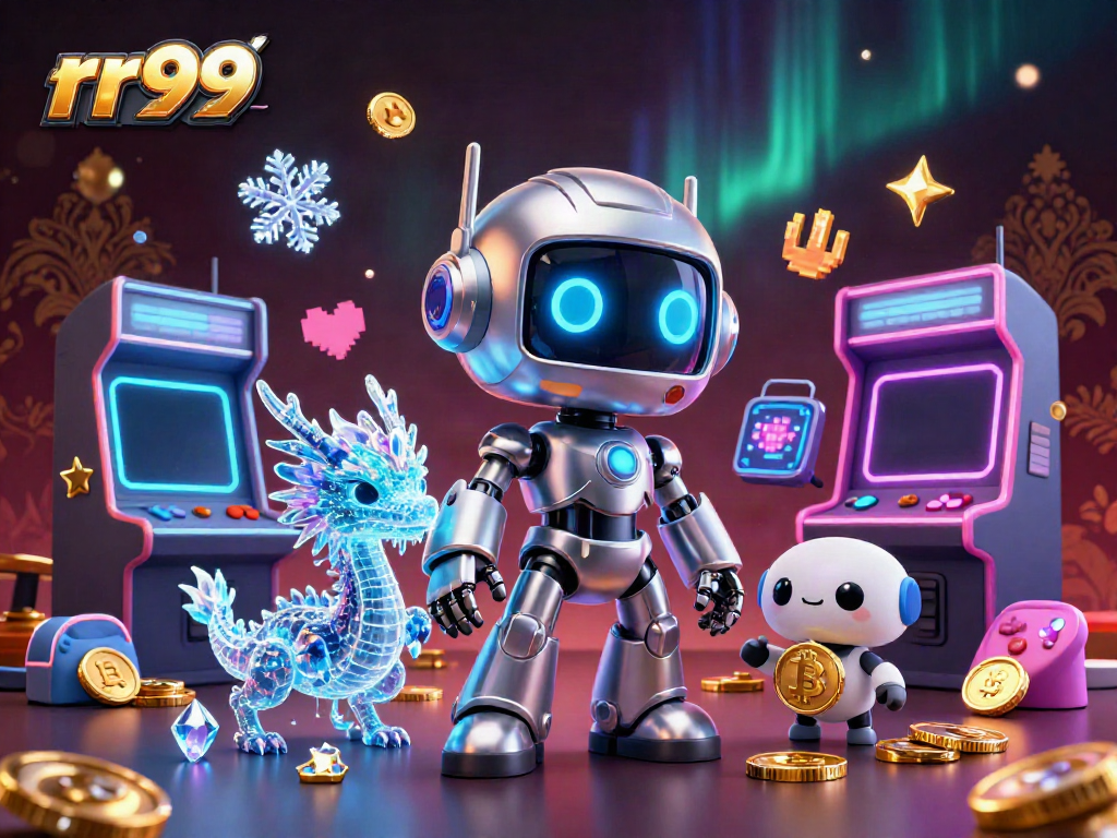 Engage with rr99 through a vibrant cyberpunk gaming scene, showcasing dynamic characters and arcade elements.