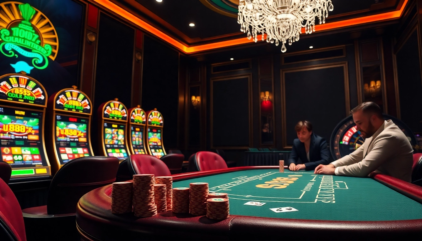 Engaged players at a U 888 poker table in a lively casino atmosphere.